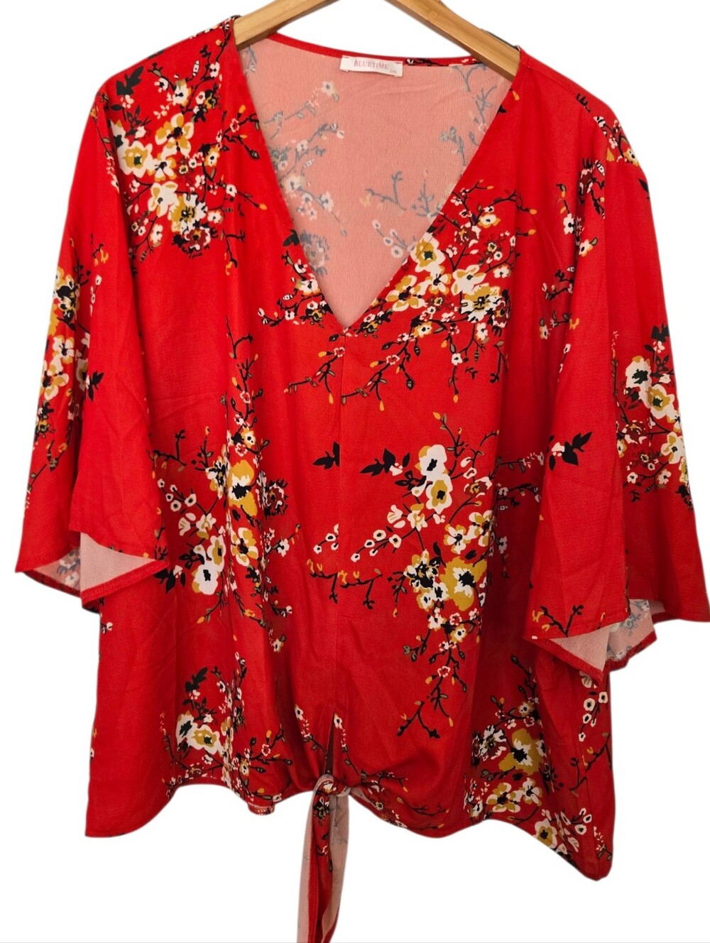 🌺 Bluetime Floral Tie Front Blouse | Women's Plus 2XL | Boho Kimono Sleeve Top - Picture 2 of 4